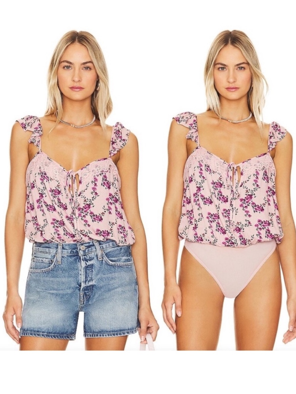 Free People Intimately Pink Floral Lace-Trim Bodysuit Chemise